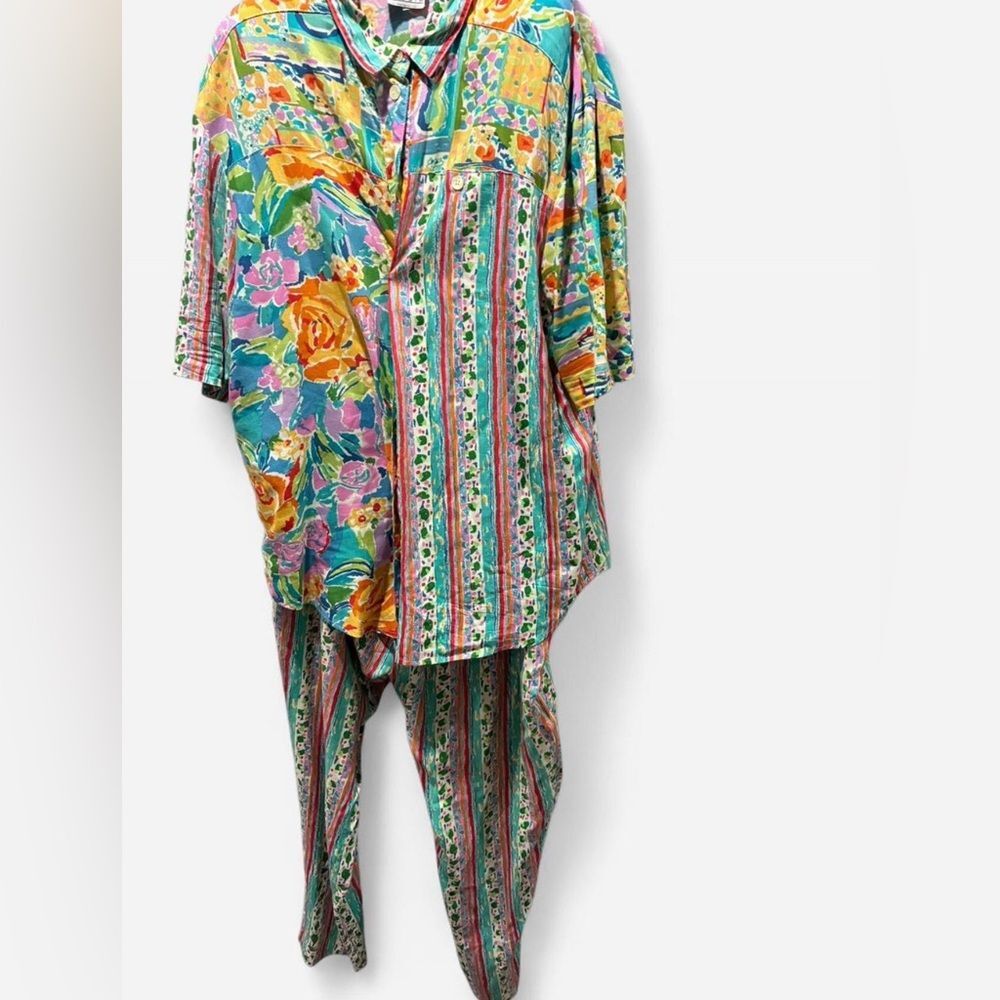Vintage 70s/80s Patchwork Floral Stripe Set 16W (Fits 18) 100% Rayon